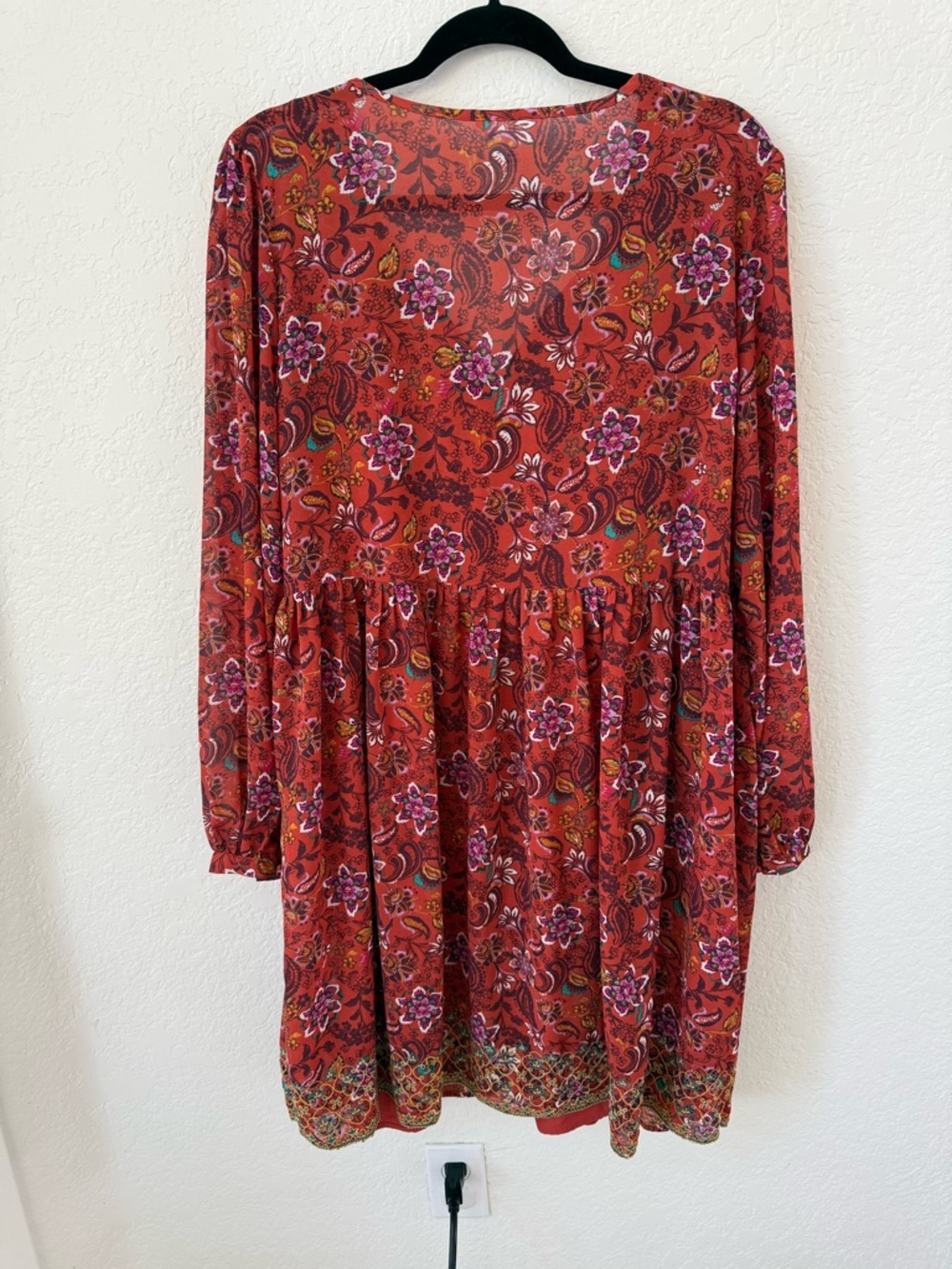 Time and Tru Rust Red Floral Long Sleeve Boho Tunic Dress - Picture 2 of 10